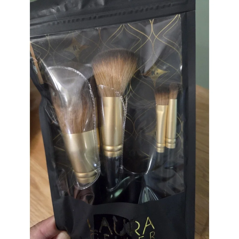 Laura Geller 5 PC Full Face Brush Set Kabuki Blush Eyeshadow Angled Gold